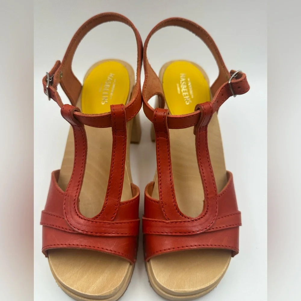Swedish Hasbeens Red Leather Wooden Platform Sandals T-Strap Chunky Block Heel - Picture 4 of 16